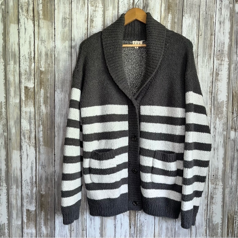 POL Oversized Chunky Knit Striped Cardigan Sweater Gray White S - Picture 2 of 6